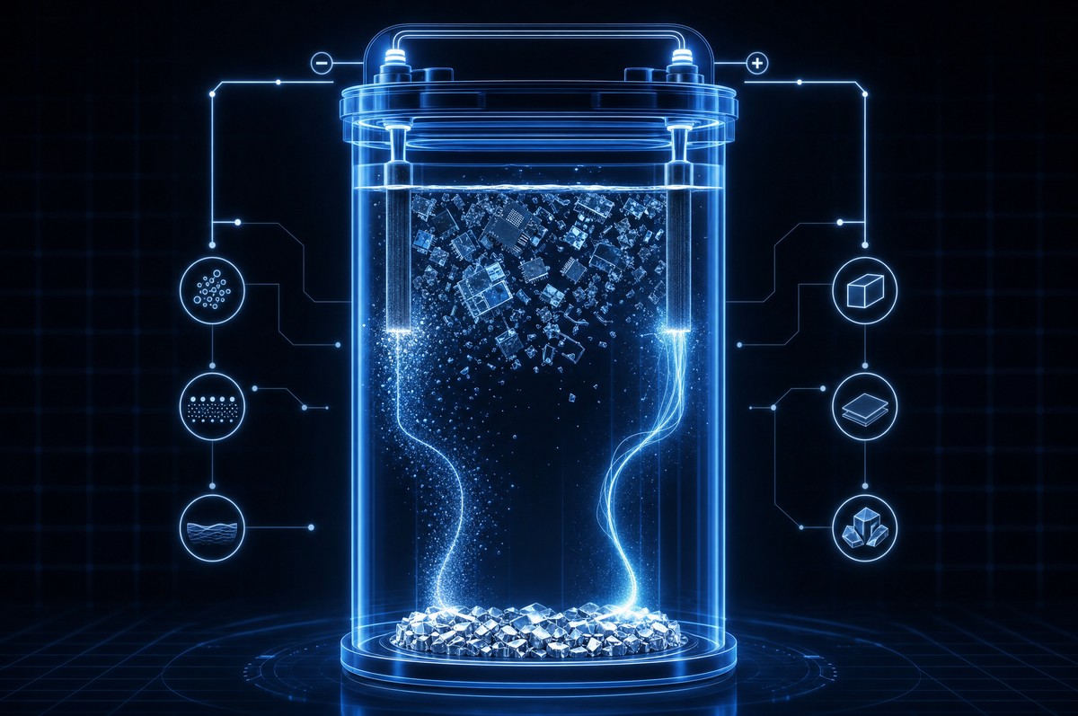 Electrochemical cell separating metals out of dissolved electronic waste