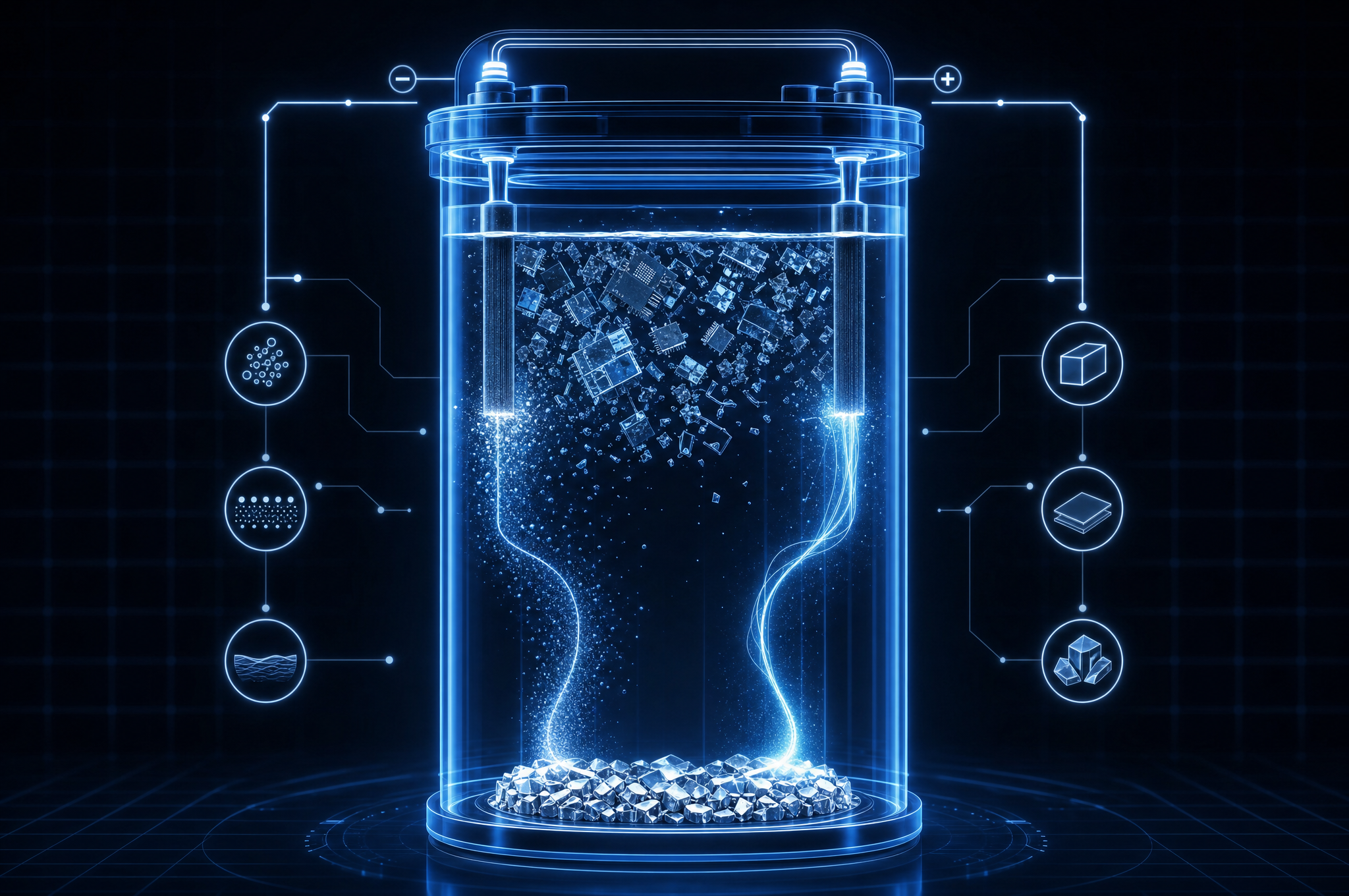 Electrochemical cell separating metals out of dissolved electronic waste